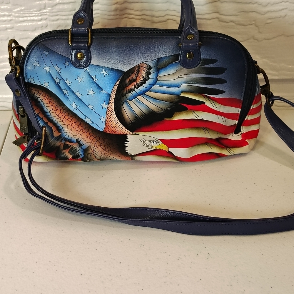 Anuschka Stars & Stripes Hand-Painted Leather Satchel Purse Eagle America USA
